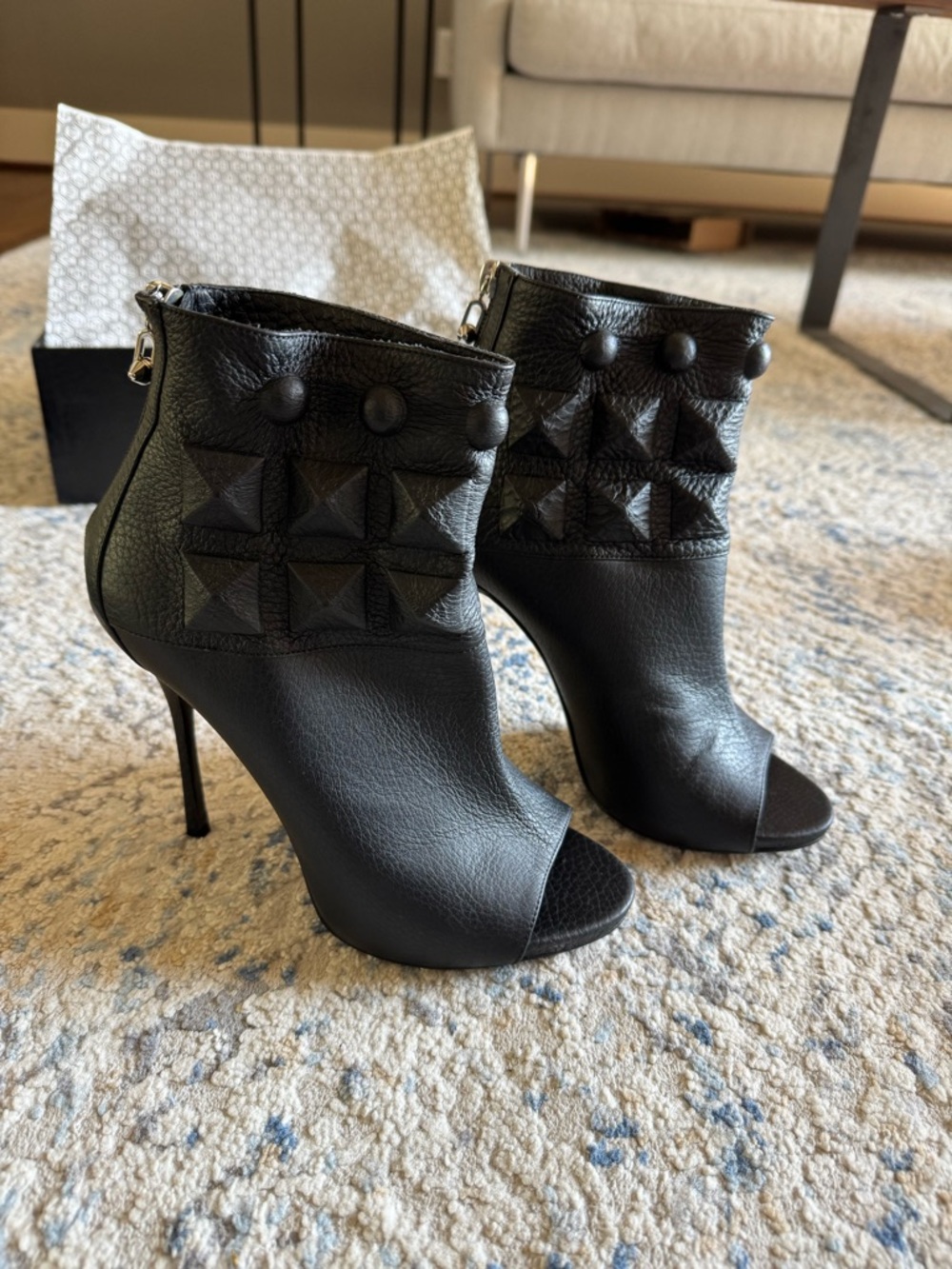 Philipp Plein Black Peep-Toe Studded Leather Ankle Boots - Picture 10 of 16